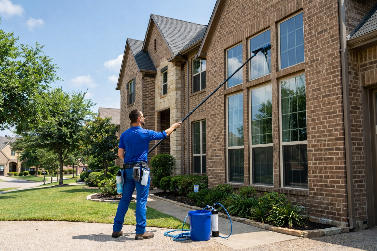 Professional window cleaner working on a North Fort Worth home